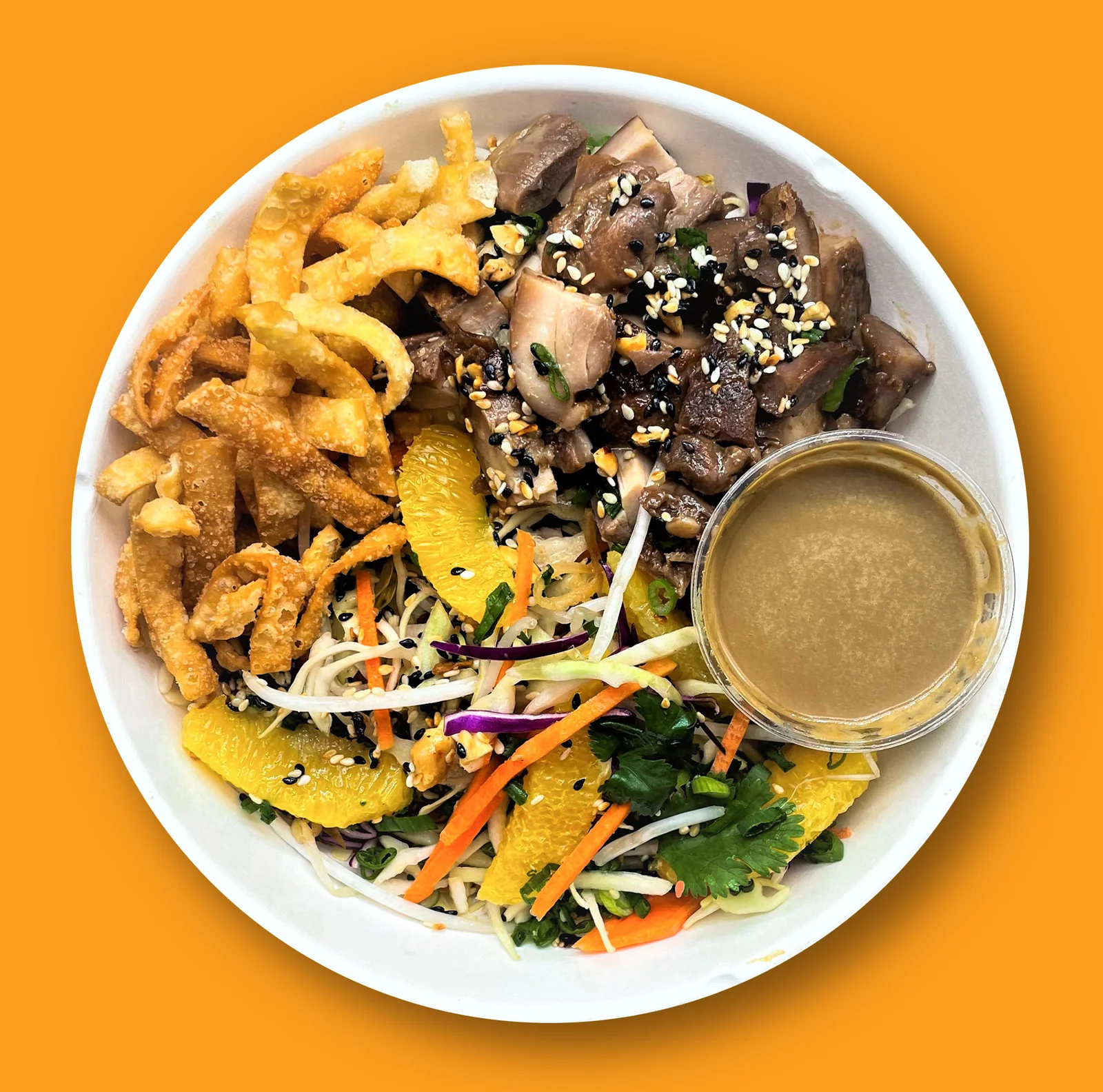 Grilled Chicken Adobo Bowl: Marinated chicken, cabbage and greens blend, seasonal fruit, crispy wontons, Asian vinaigrette