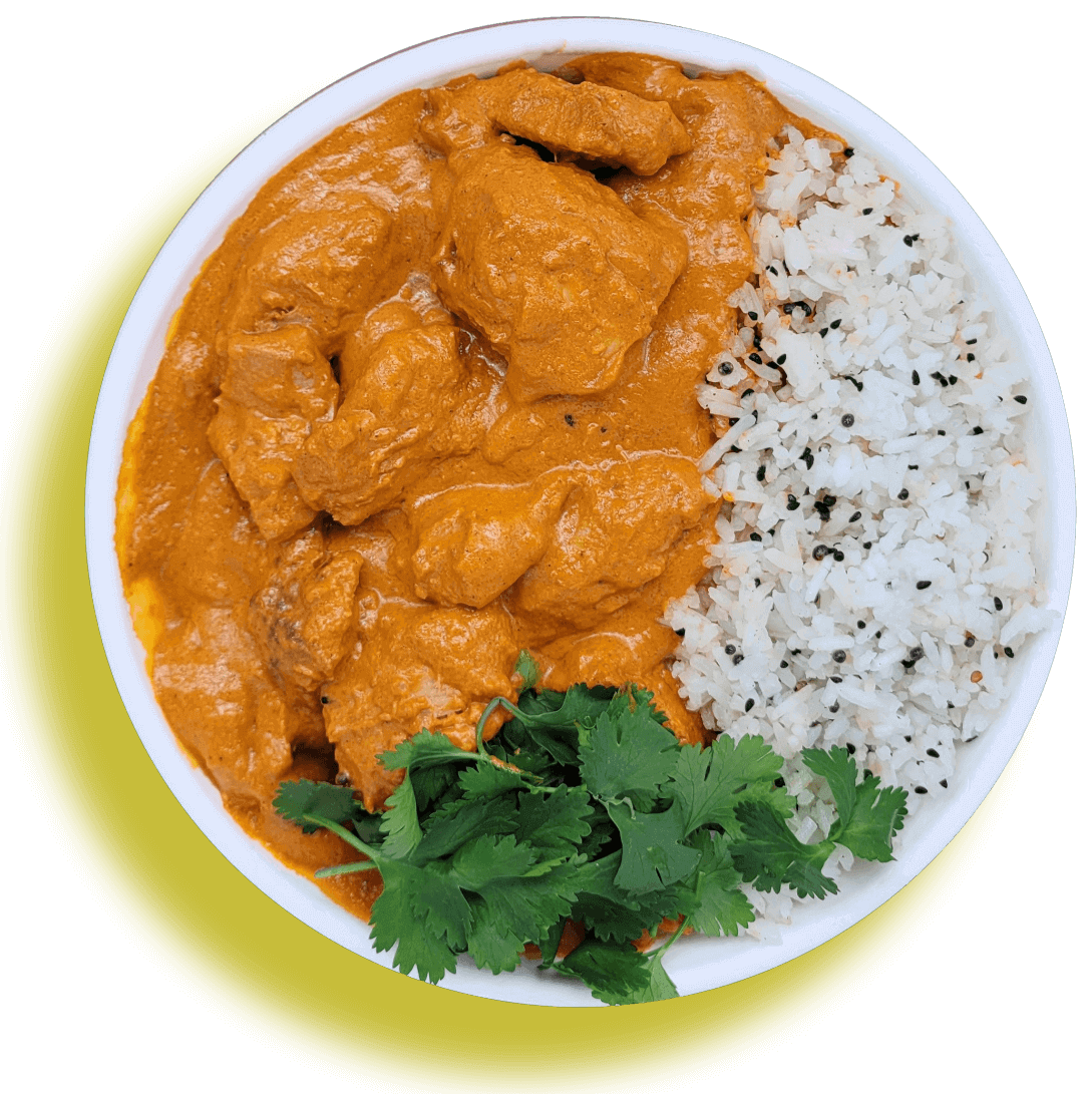 Individually packaged corporate lunch delivery San Francisco — globally inspired Indian curry with rice, Superfine Kitchen