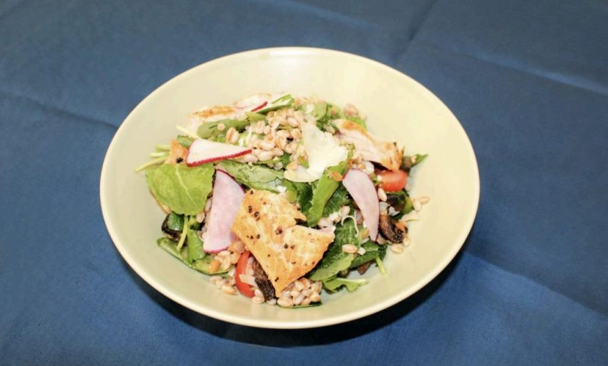 Superfine Kitchen's Farro Mushroom Grain Bowl with pan seared salmon added