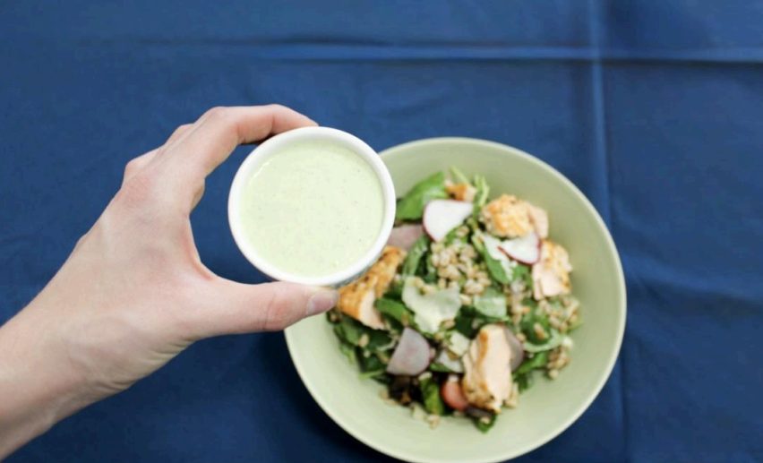 Superfine Kitchen's Farro Mushroom Grain Bowl with pan seared salmon added and sauce