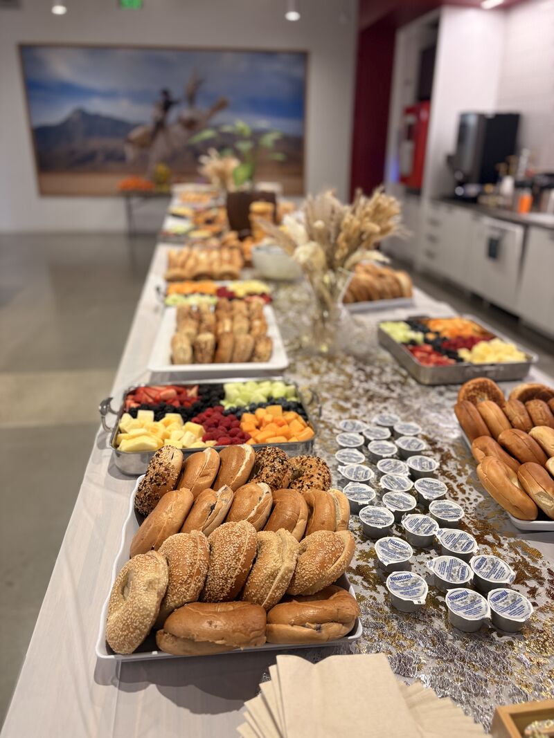 Chef-prepared office breakfast catering buffet with pastries and coffee service prepared in Superfine Kitchen San Francisco